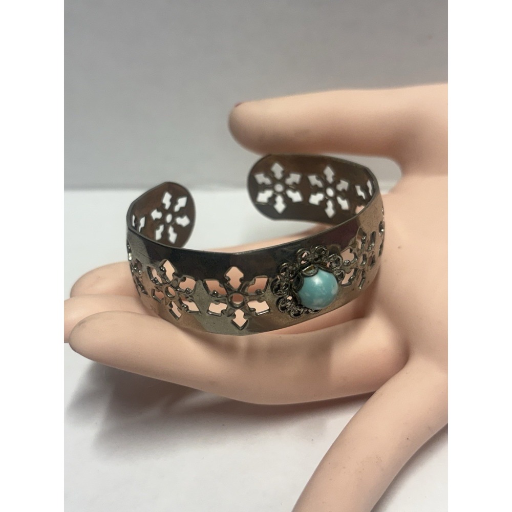 Vintage Silver Tone Turquoise Blue Cabochon Floral Cuff Bracelet Small Wrist